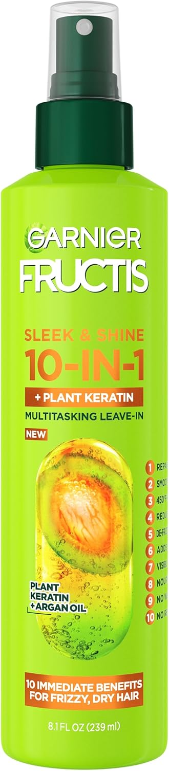 Garnier Fructis Sleek & Shine 10-in-1 for Frizzy, Dry Hair, Plant Keratin, 8.1 Fl Oz, 1 Count (Packaging May Vary)