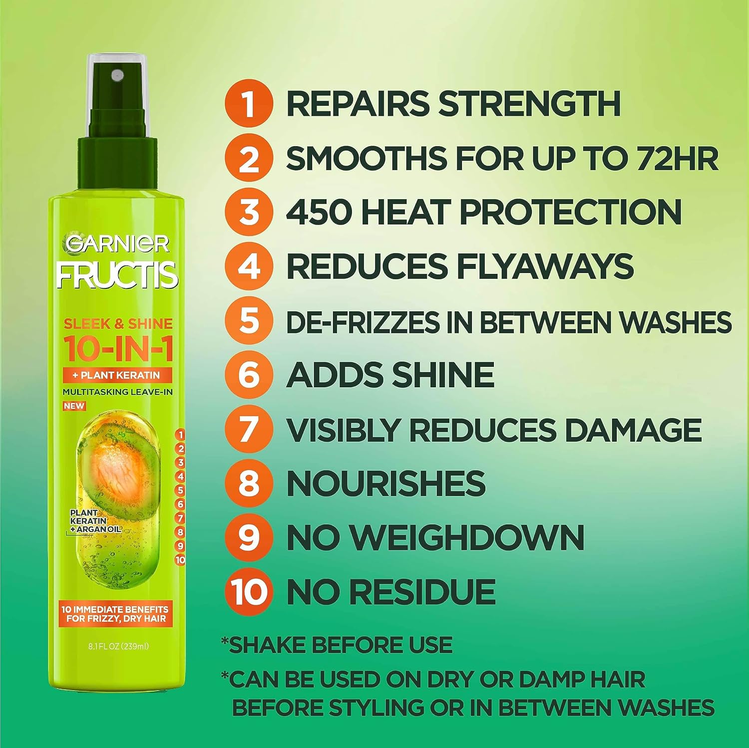 Garnier Fructis Sleek & Shine 10-in-1 for Frizzy, Dry Hair, Plant Keratin, 8.1 Fl Oz, 1 Count (Packaging May Vary) - Image 4