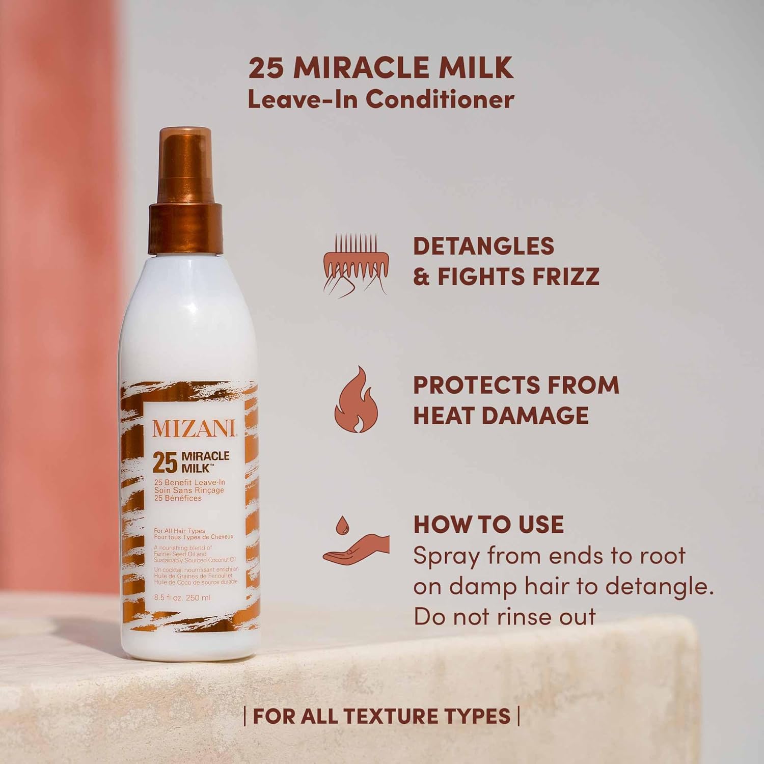 MIZANI 25 Benefit Miracle Milk Leave in Conditioner | Heat Protectant and Detangler Spray | Formulated with Coconut Oil | For Frizzy & Curly Hair - Image 3