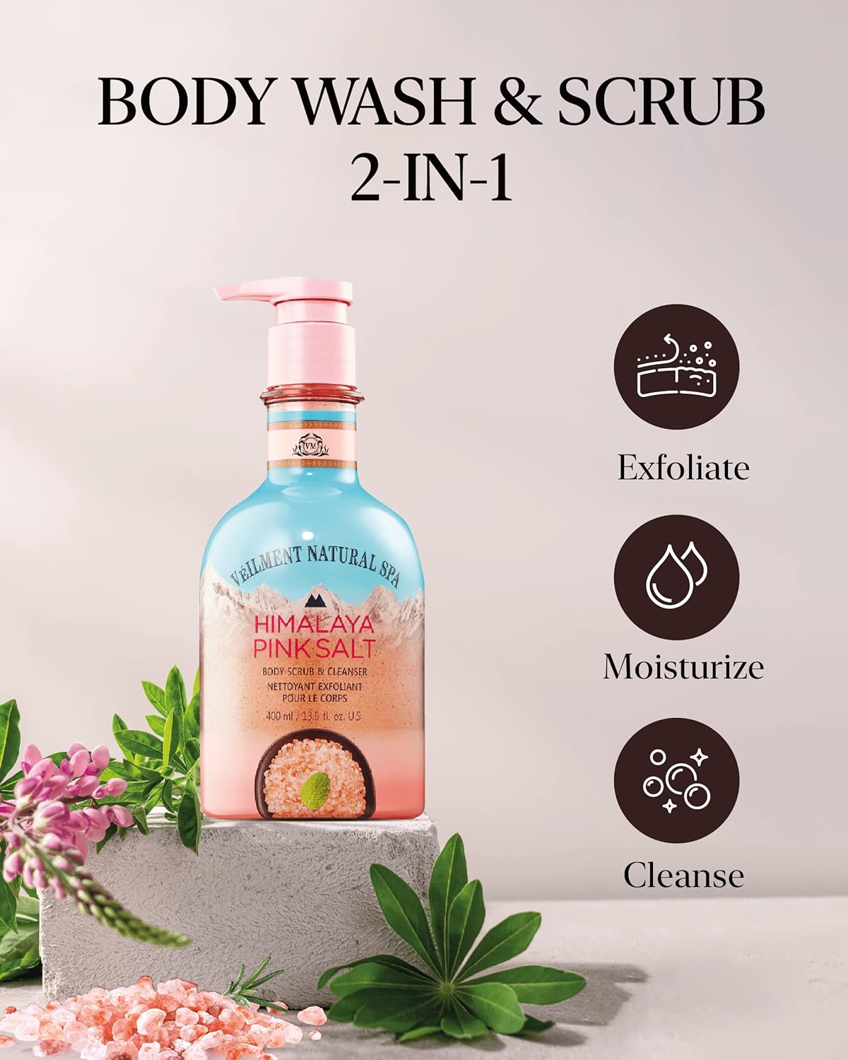 NATURAL HIMALAYA PINK SALT SPA 2-in1 BODY WASH & BODY SCRUB(13.53fl.oz) - Natural Exfoliating Salt Scrub for Deep Cleansing - Exfoliate & Moisturize Skin Polishes - Image 2