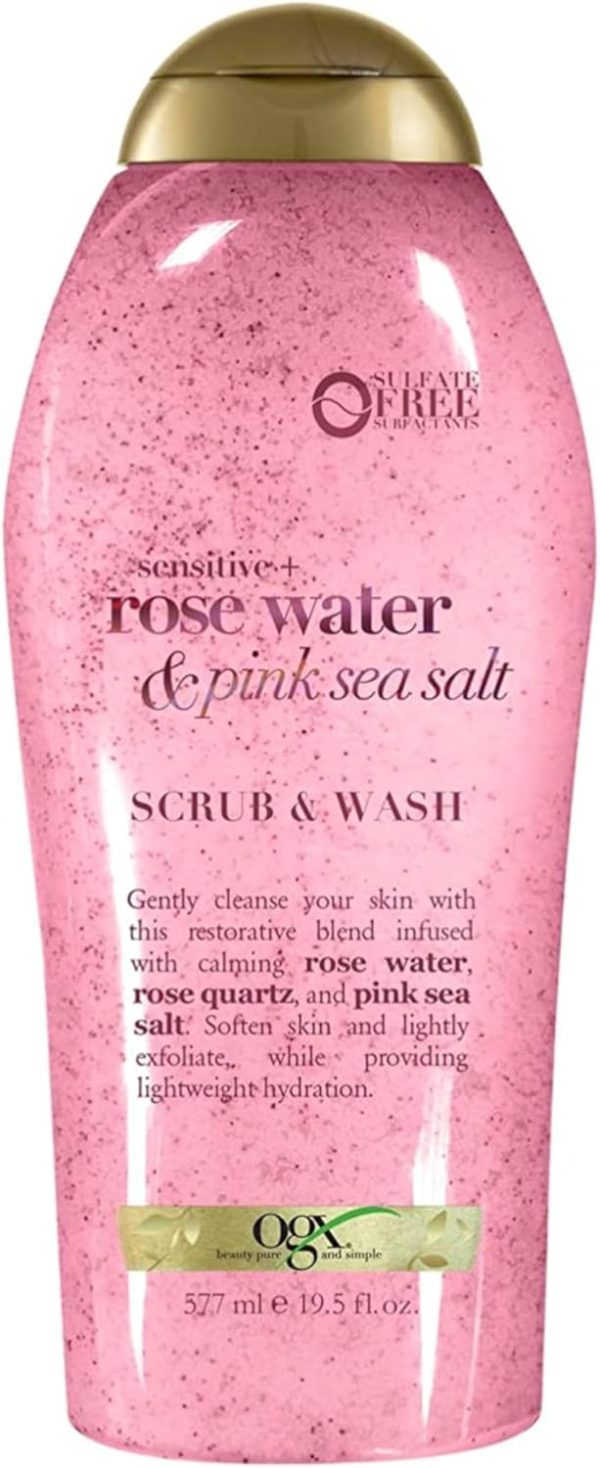 OGX Sensitive + Pink Sea Salt & Rosewater Sulfate-Free Soothing Body Scrub with Healing Rose Quartz, Gentle Exfoliating Daily Body Wash to Soften & Smooth Skin, 19.5 Fl Oz