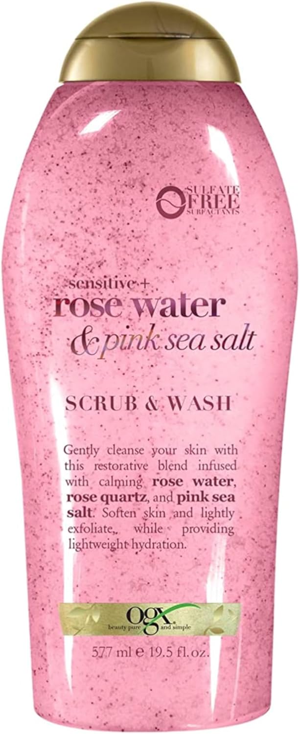 OGX Sensitive + Pink Sea Salt & Rosewater Sulfate-Free Soothing Body Scrub with Healing Rose Quartz, Gentle Exfoliating Daily Body Wash to Soften & Smooth Skin, 19.5 Fl Oz