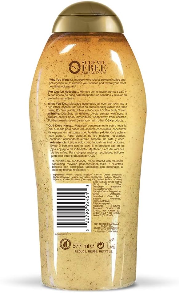OGX Smoothing + Coconut Coffee Exfoliating Body Scrub with Arabica Coffee & Coconut Oil, Moisturizing Body Wash for Dry Skin, Paraben-Free with Sulfate-Free Surfactants, 19.5 Fl Oz - Image 2