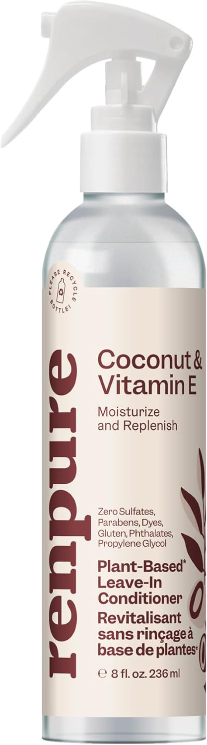 RENPURE Plant Based Natural Leave In Conditioner Spray - Hydrating Vitamin E & Coconut Oil Deep Conditioner for Hair & Beards - Sulfate Free, Anti Frizz, Heat Protectant Detangler Spray Leave In