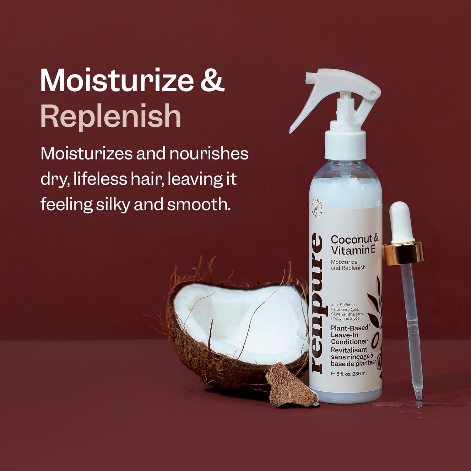 RENPURE Plant Based Natural Leave In Conditioner Spray - Hydrating Vitamin E & Coconut Oil Deep Conditioner for Hair & Beards - Sulfate Free, Anti Frizz, Heat Protectant Detangler Spray Leave In - Image 2